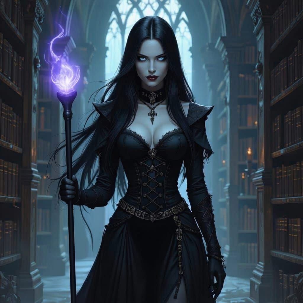 Drow Wizard in Gothic Library with Athame