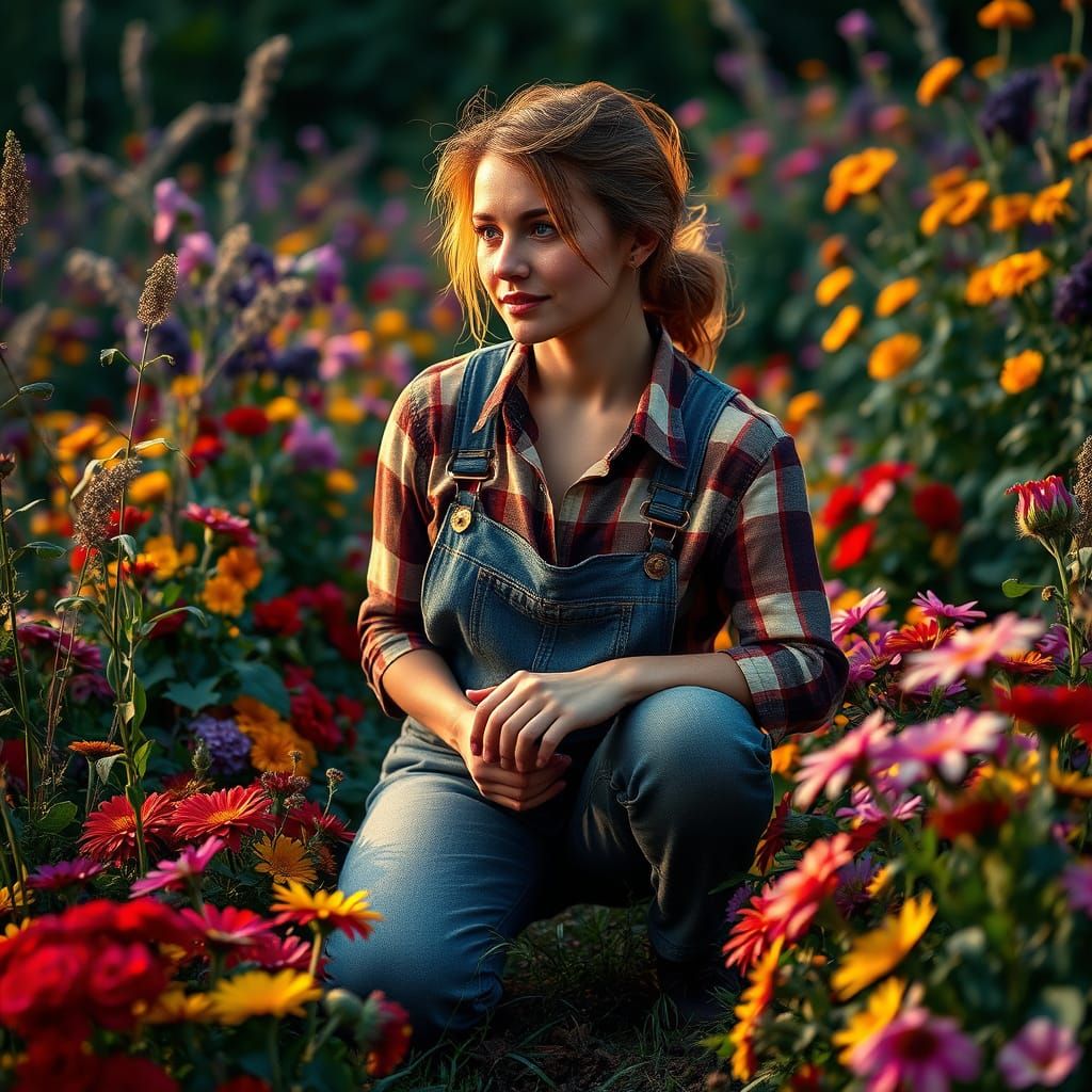 Hyperrealistic Farm Woman in Vibrant Garden