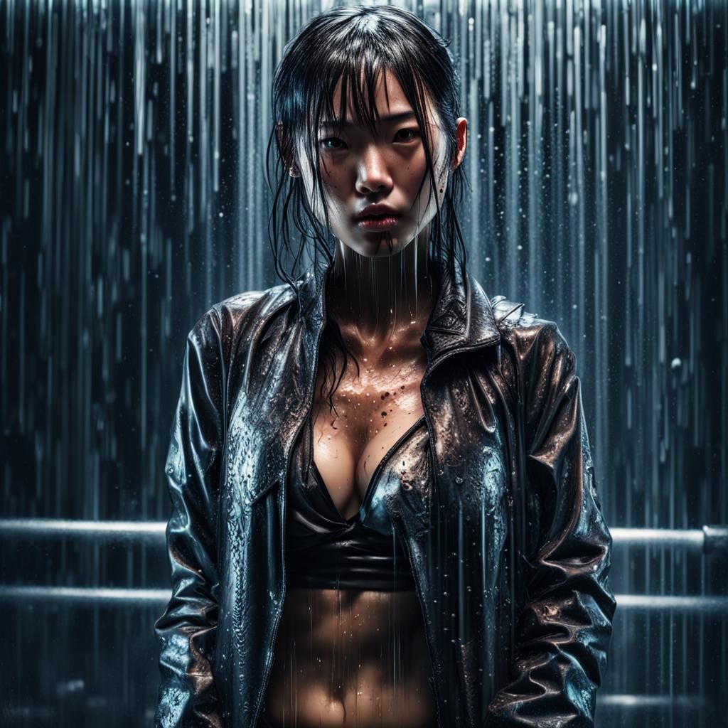 Asian Girl in Rainy Cyberpunk Cityscape