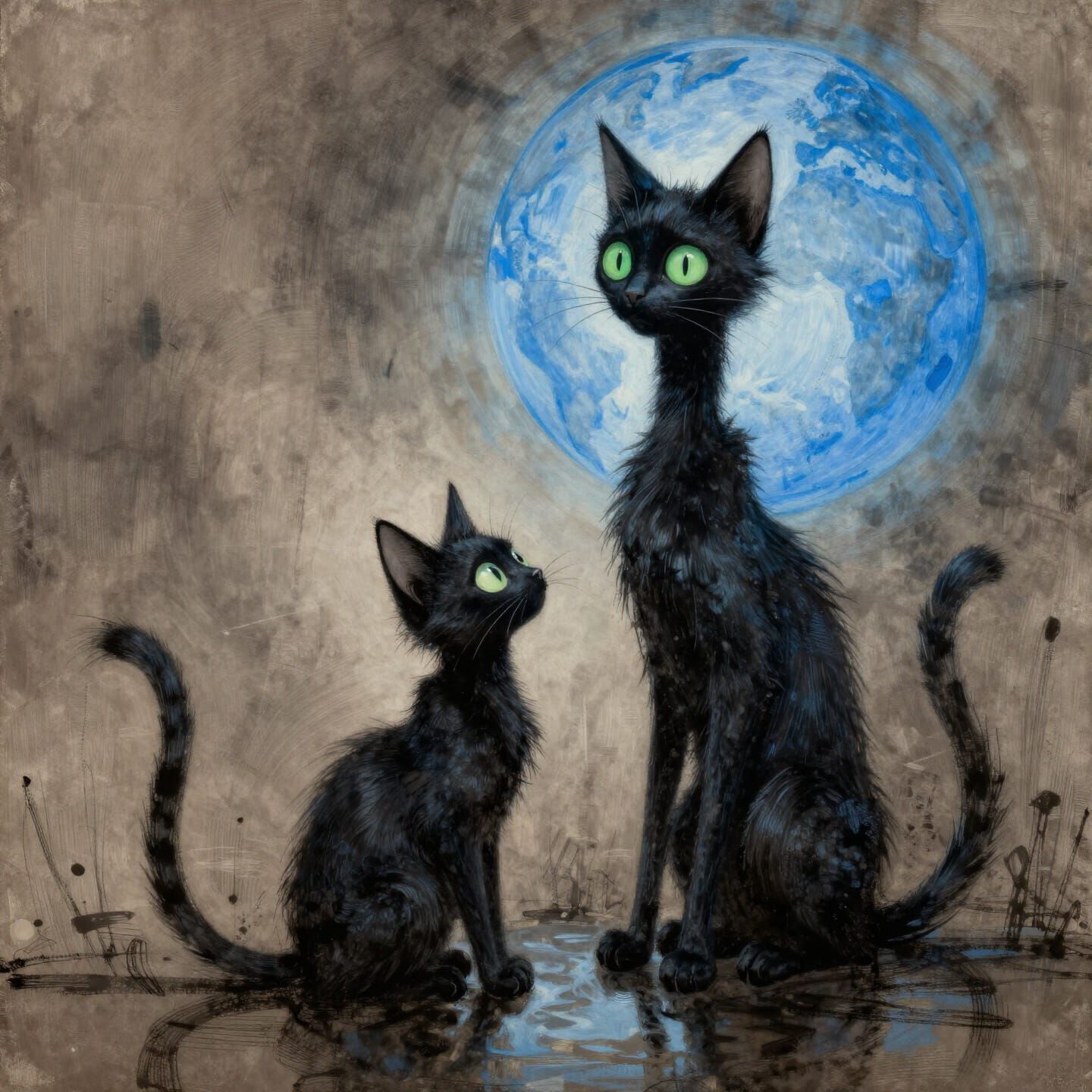 Surreal Gothic Black Cats in Dreamlike Landscape