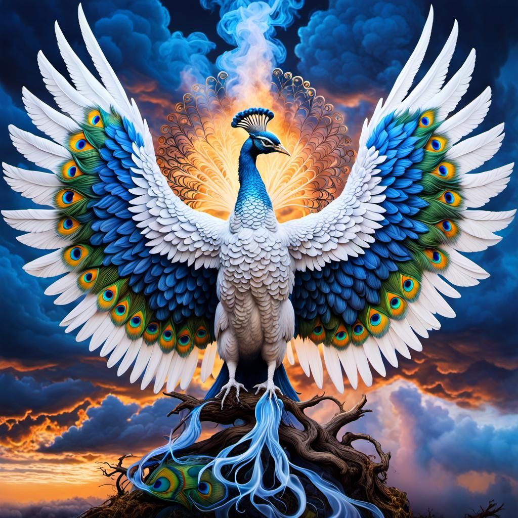 Colossal Phoenix Nesting in Yggdrasil Cloudscape