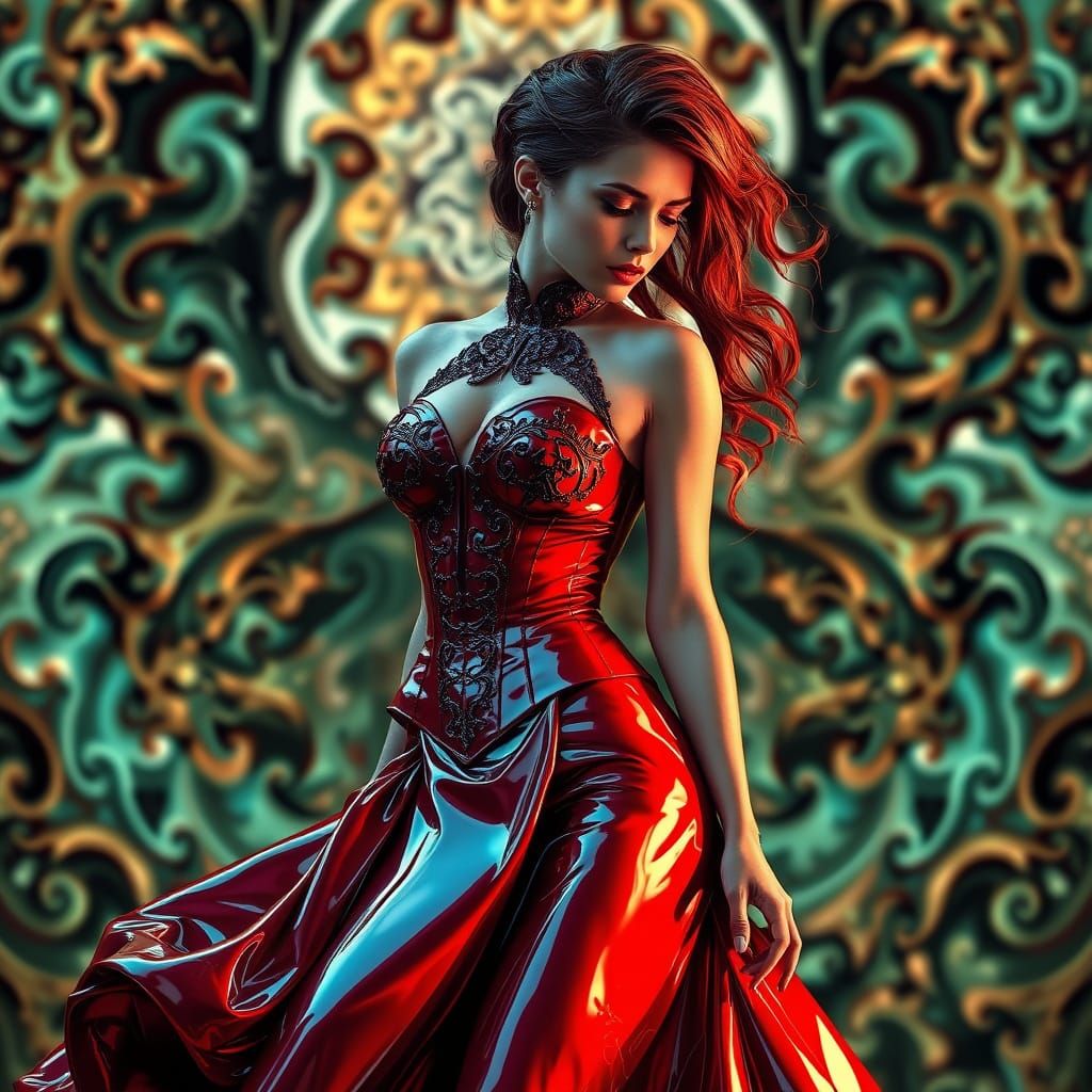 Hyperrealistic Mistress in Shimmering Latex and Fractal Patt...