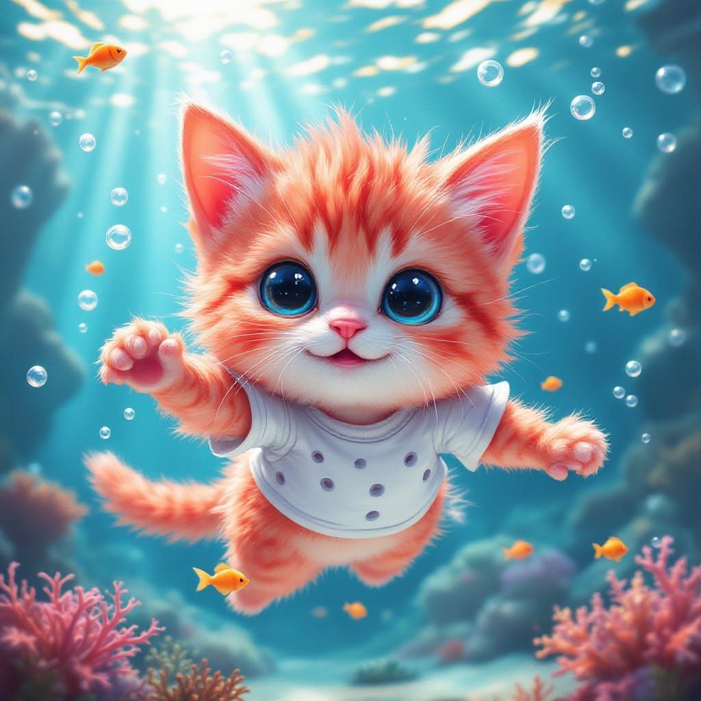 Surreal Strawberry Kitten Dives into Vibrant Underwater Fant...