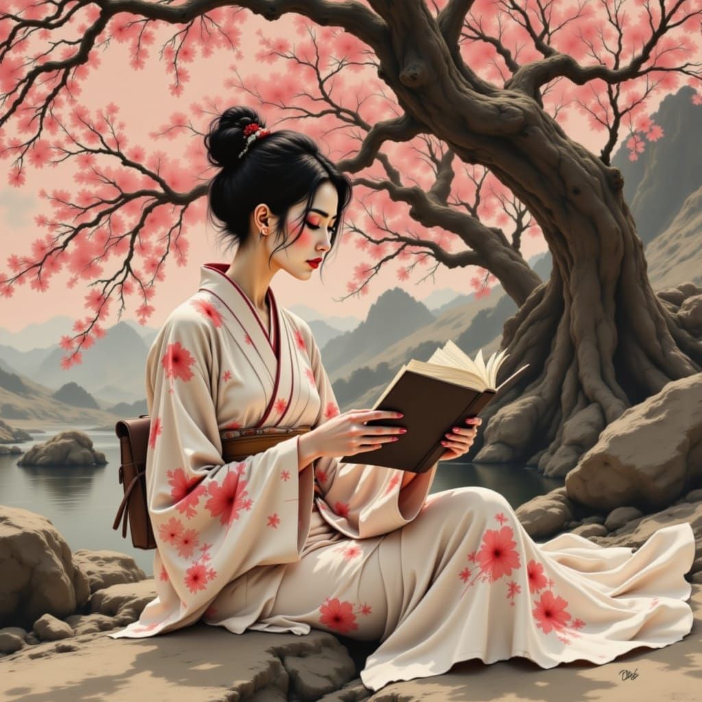 Japanese Warrior Woman in Cherry Blossom Splendor