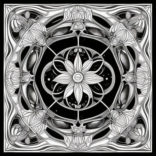 Black and white outline drawing art nouveau flower mandala