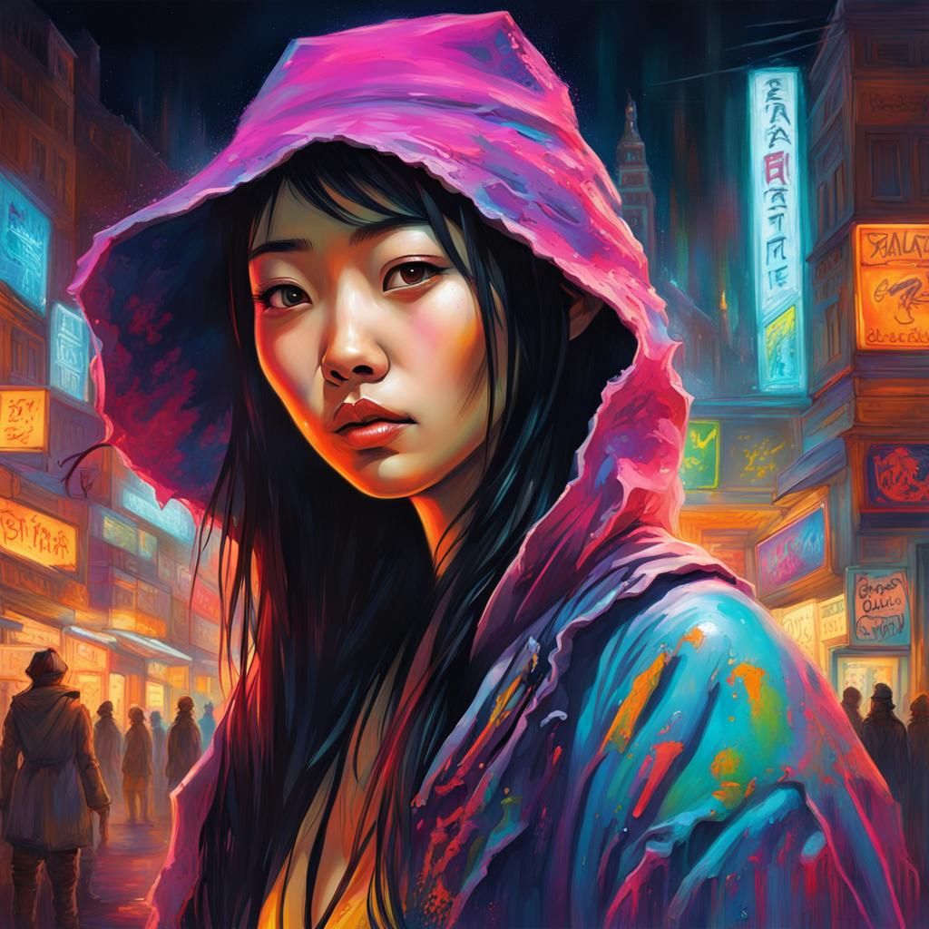 Asian Girl in Neon City, Graffiti Splash Art