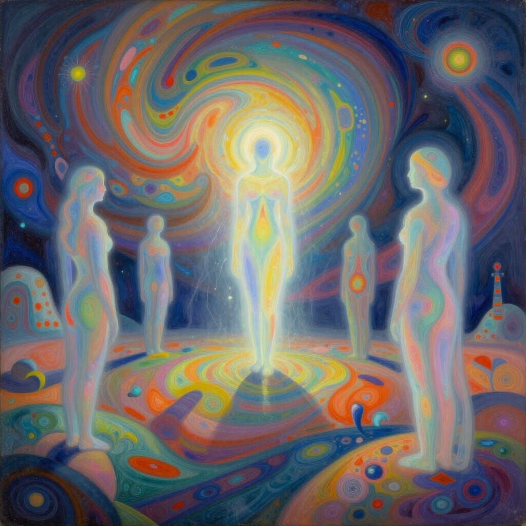 Dreamlike Consciousness Landscape with Ethereal Figures