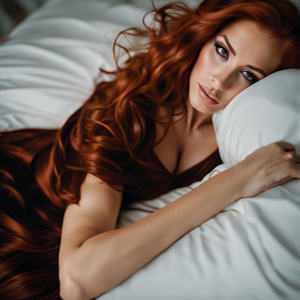 Russian Woman with Red Hair Lying on Bed
