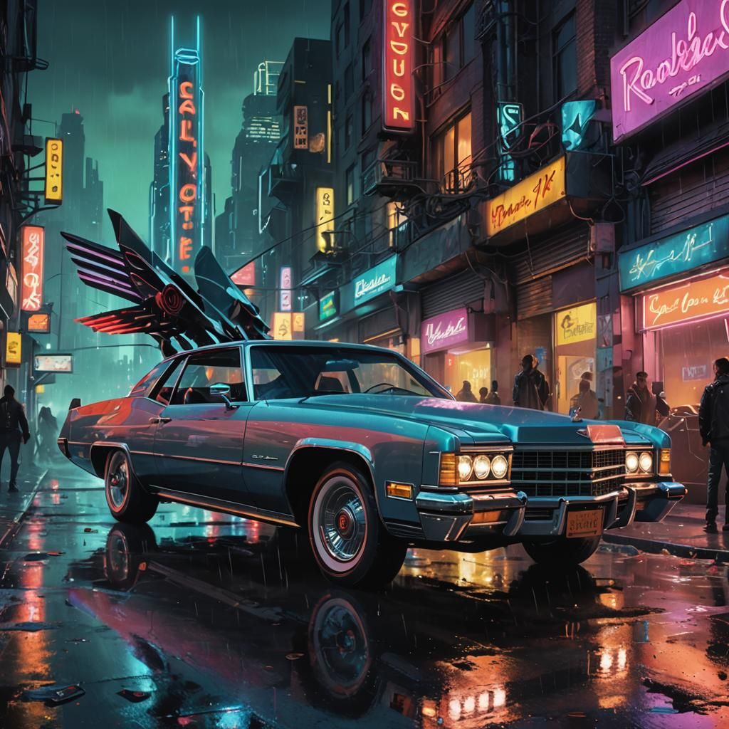 Raygun Gothic Cadillac in Neon Dystopian City