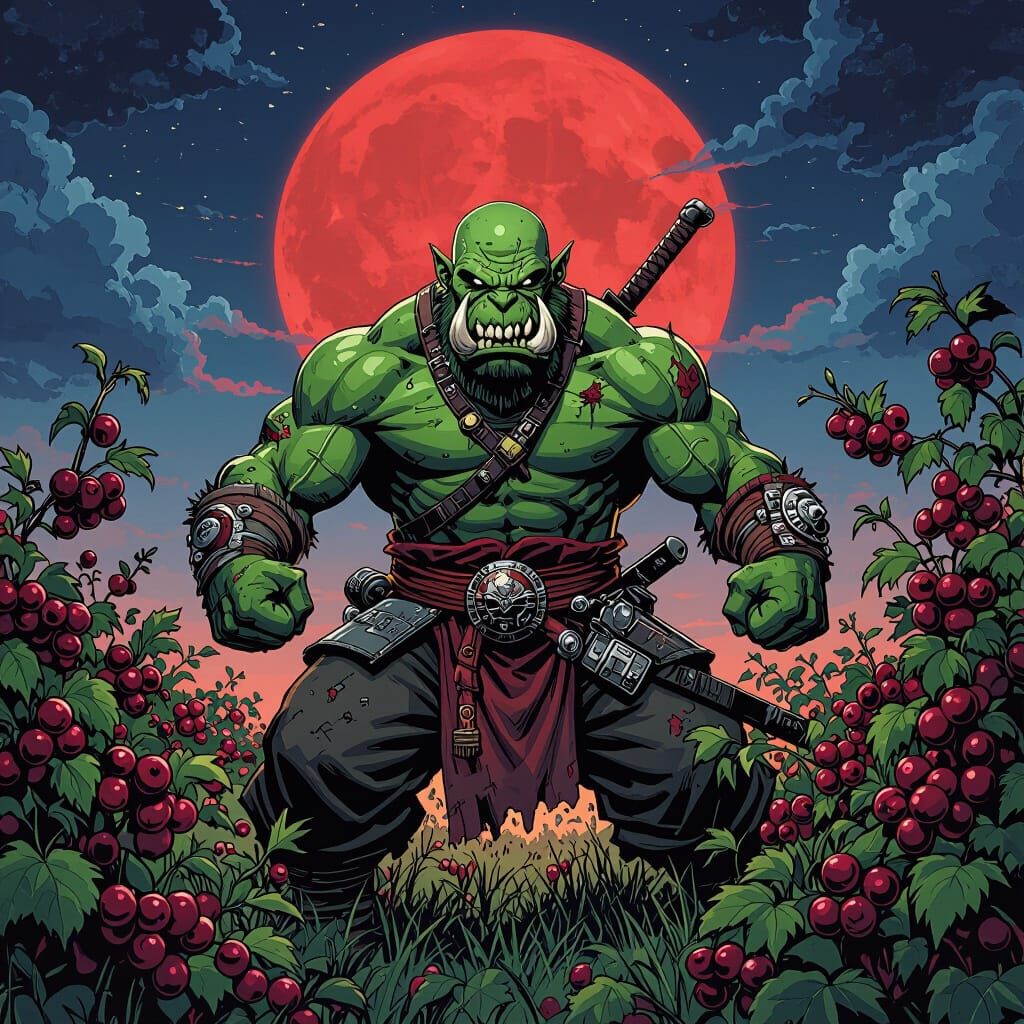 Orc Monk Fighter Under Blood Moon, Vintage Comic Style