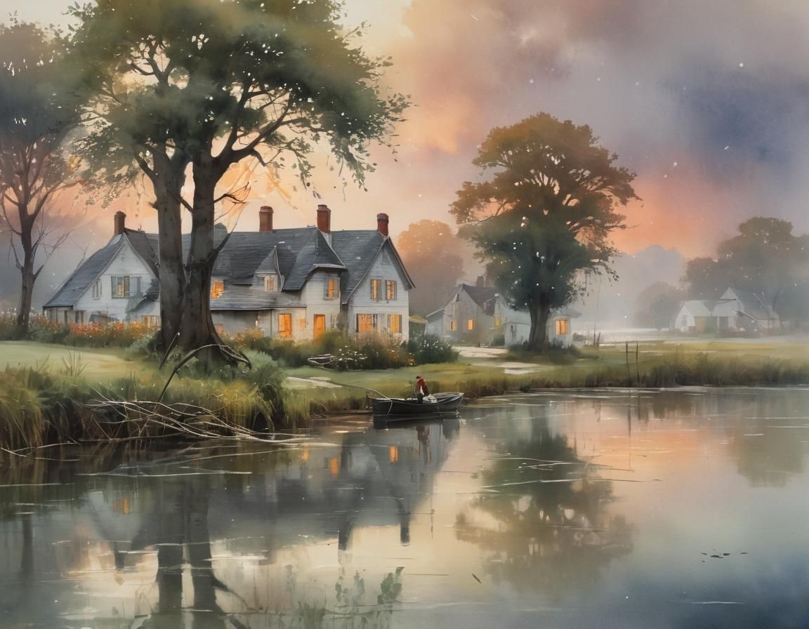 Whimsical Surreal Village at Sunrise in Watercolor Style