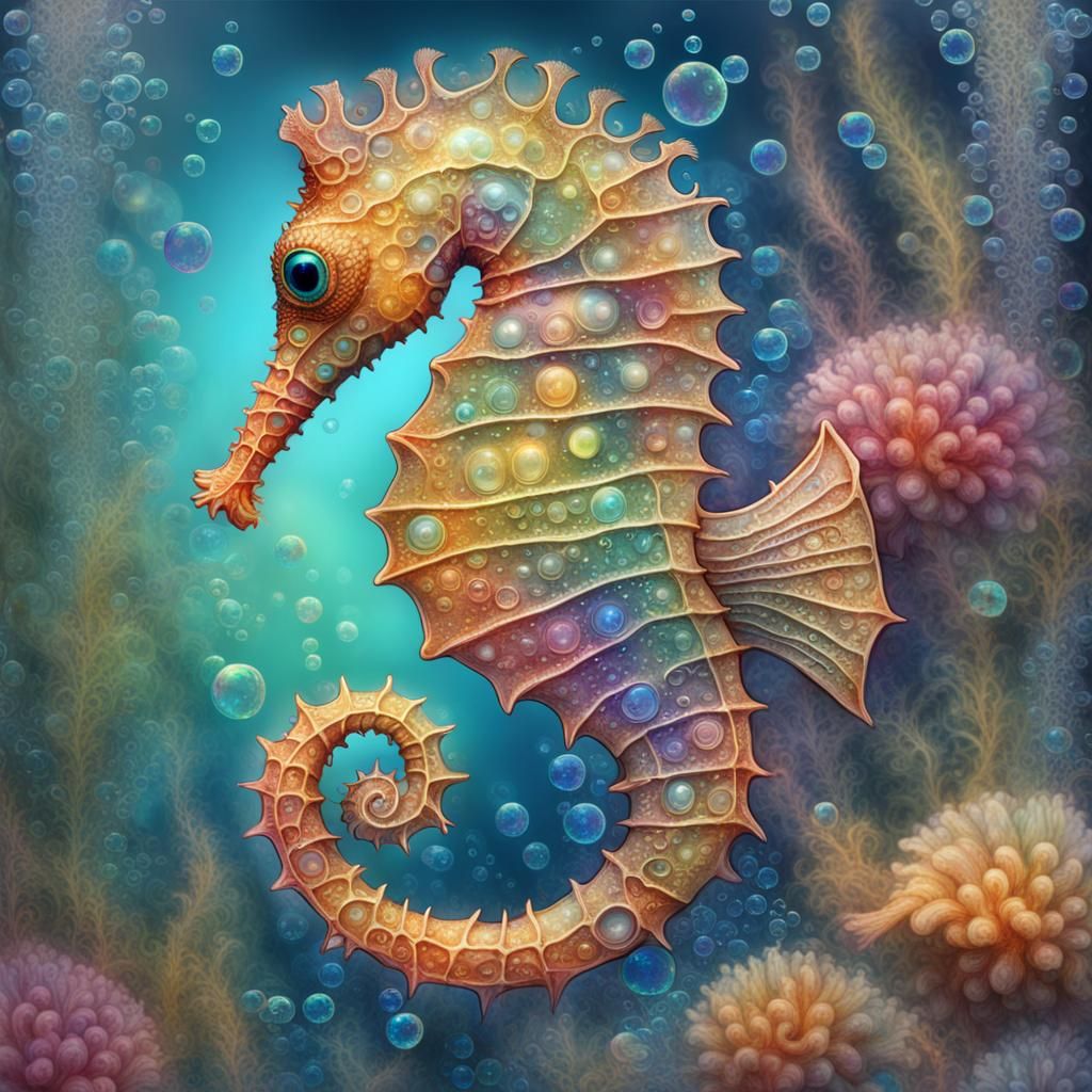 Ethereal Seahorse with Luminous Bubbles