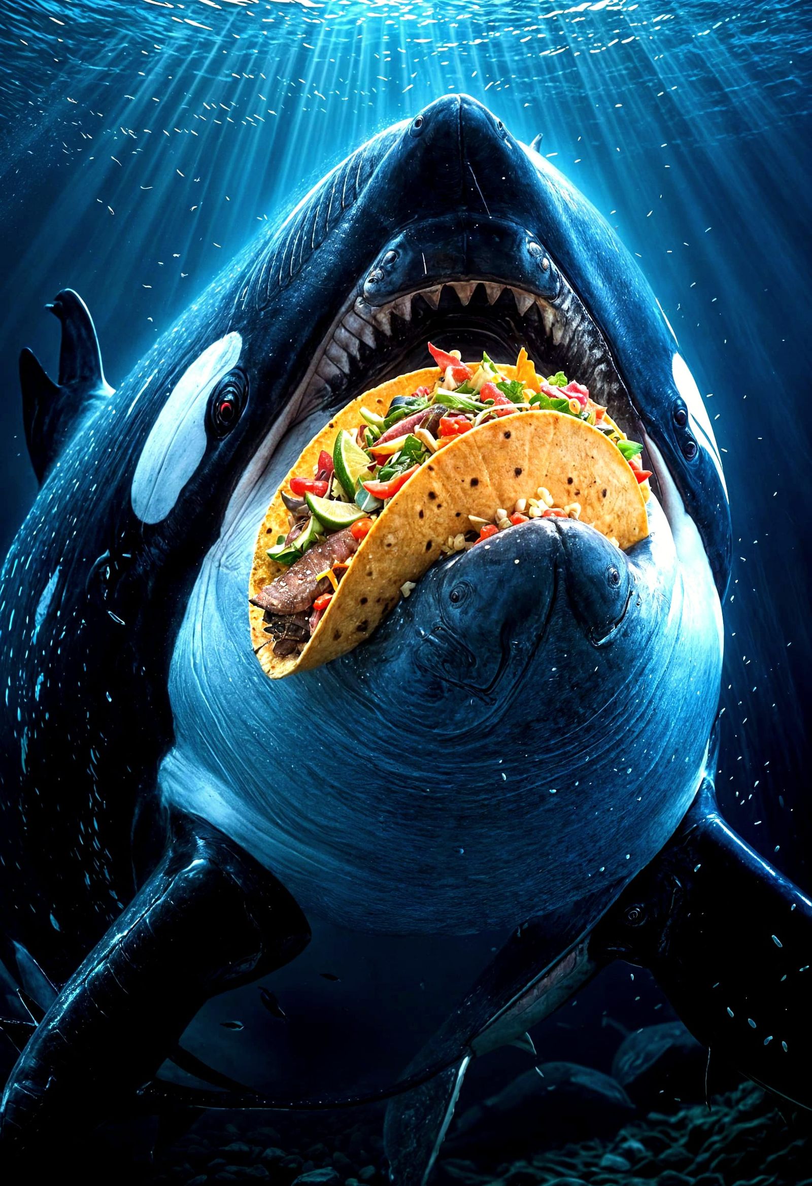 Killer Whale Eating Tuna Taco: Hyperrealistic Ocean Scene