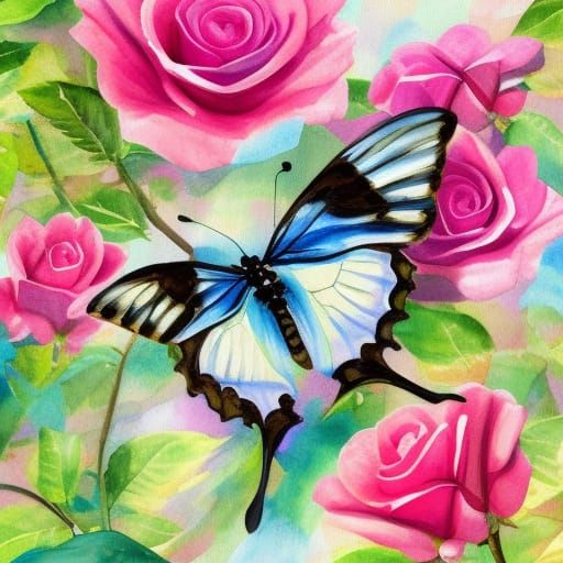 Swallowtail Butterfly in Rose Garden, Gouache Style