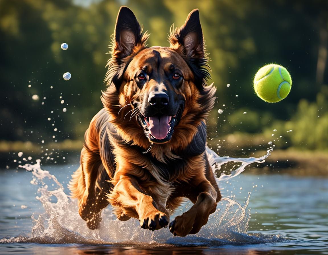 Belgian Shepherd Leaps into Pond: Dynamic Art Portrait