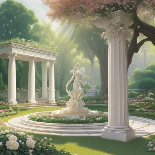 Ethereal Lyre Statue in Golden Garden