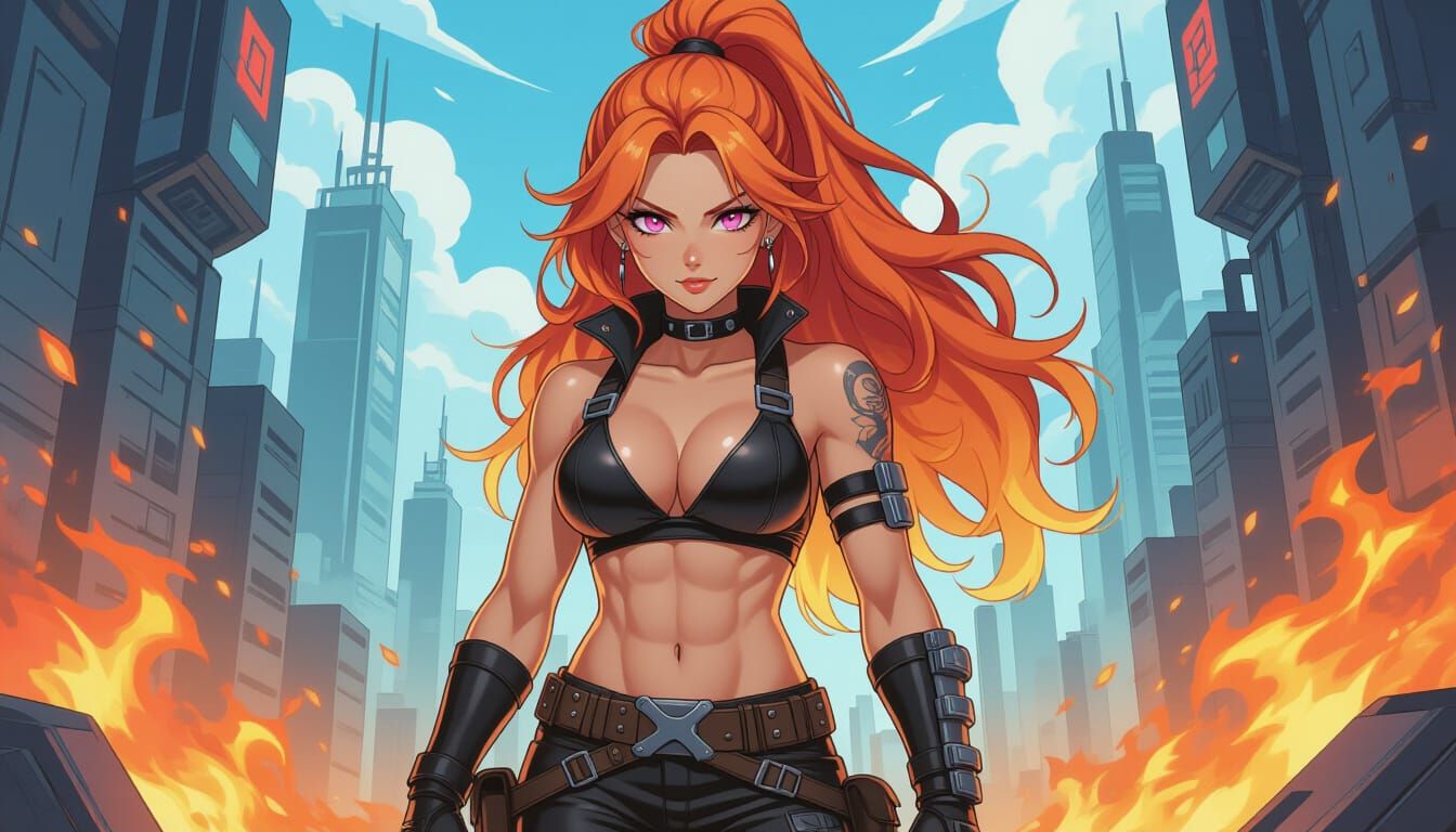 Fiery Haired Sci-Fi Warrior in Anime Style