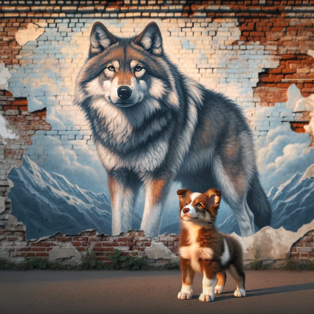 Puppy and Wolf Mural in Sunlight