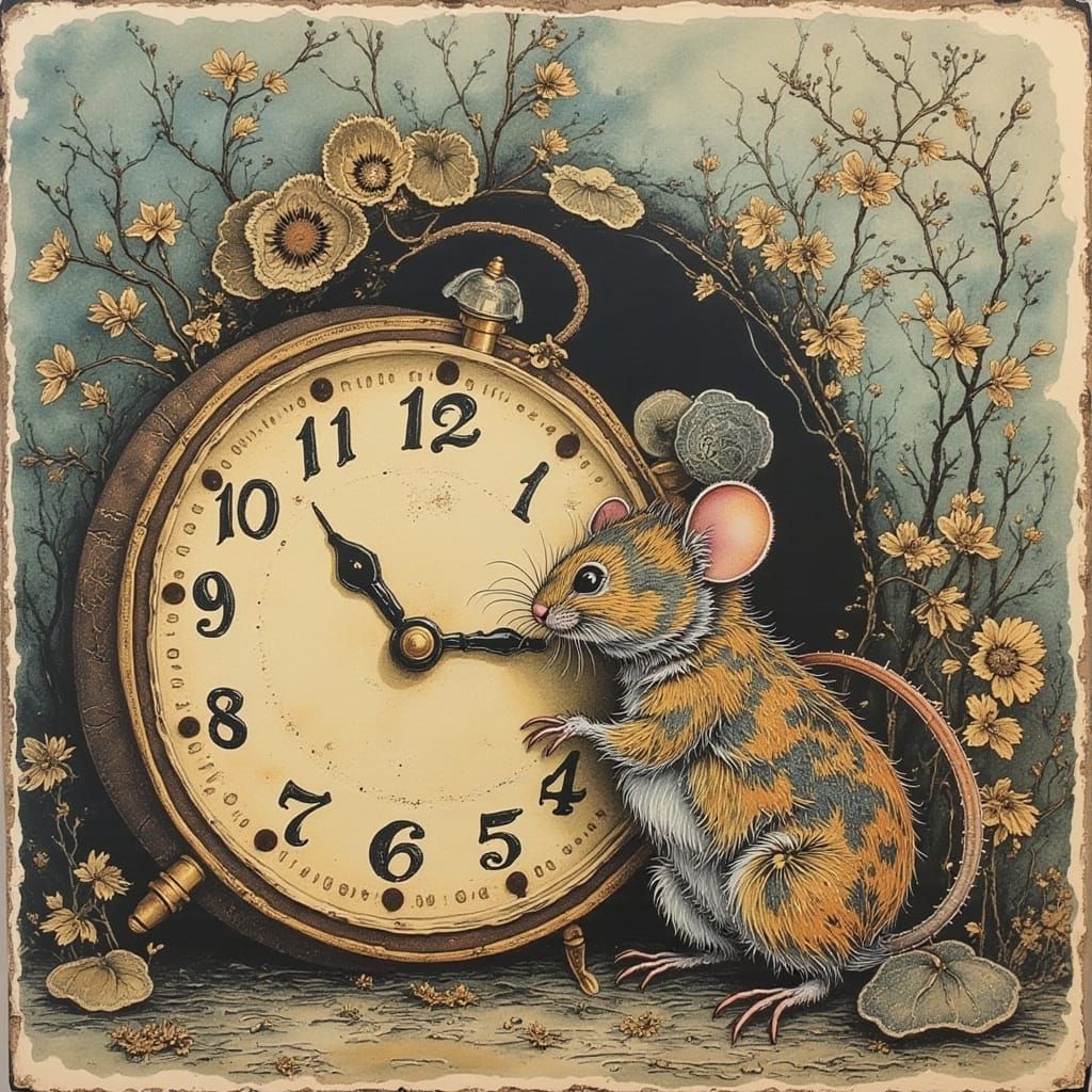 Shy Mouse Peeking from Behind Vintage Clock