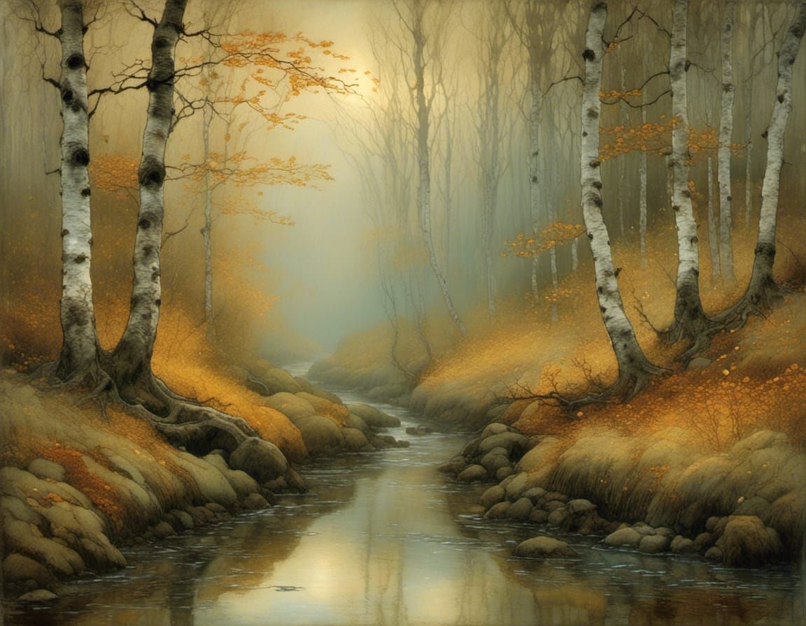 Autumnal Stream Through Forest Meadow in Soft Sunlight