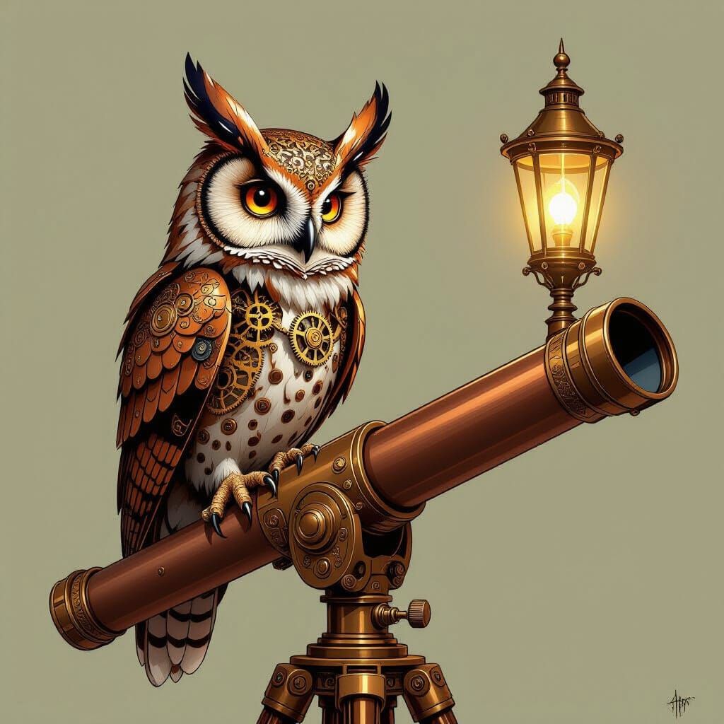 Intricate Clockwork Owl Perched on Telescope