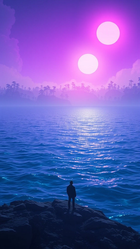 Ethereal Alien Landscape with Radiant Plants and Twin Suns