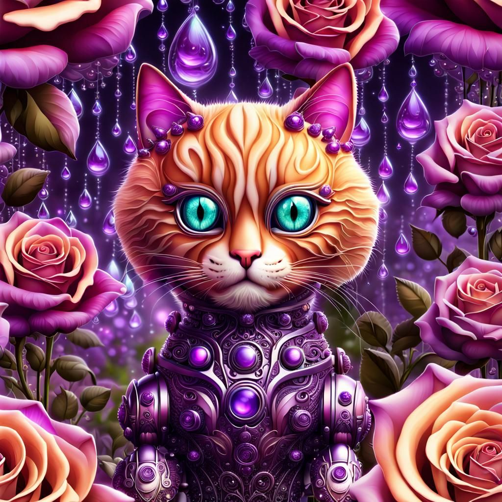 Chrome Robot Cat in Purple Roses