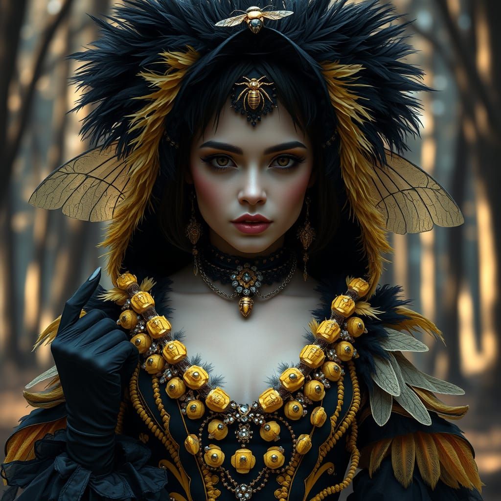 Gothic Woman in Bee Ball Gown, Dystopian Fantasy