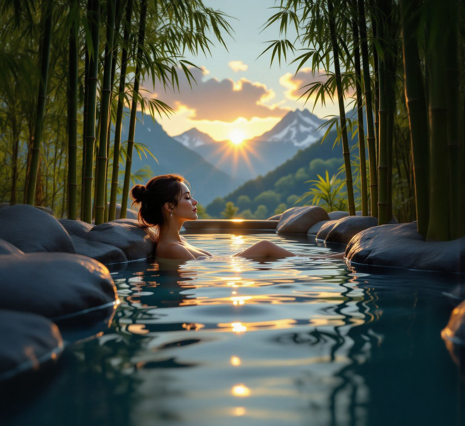 Mountain Hot Spring Sunset in Hyperrealistic Splash Art