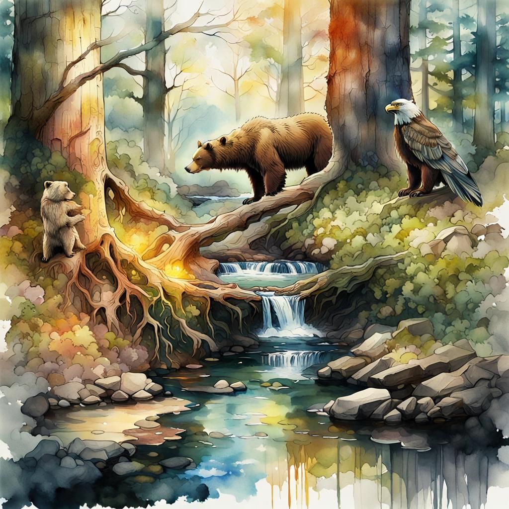 Totem Guardians Protecting Nature in Watercolor Style