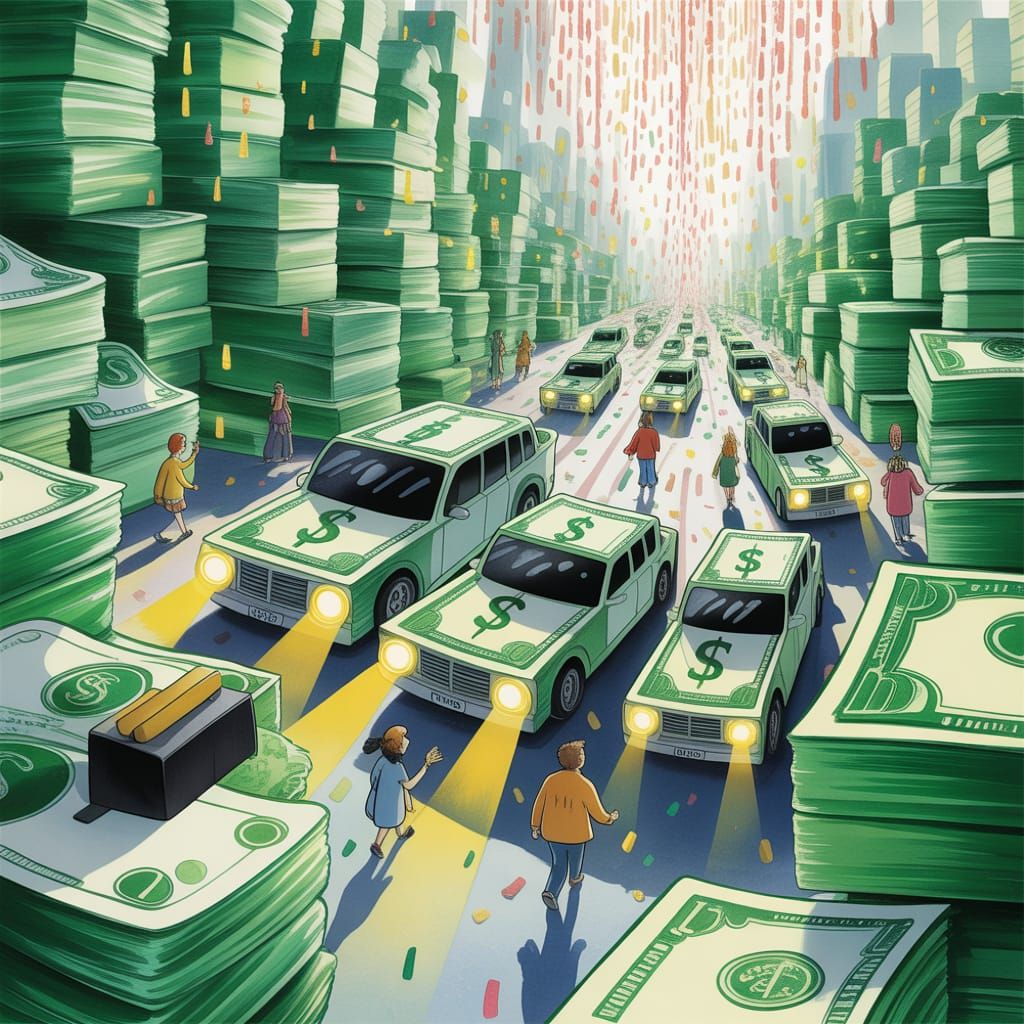 City Made of Money with Dollar Bill Cars