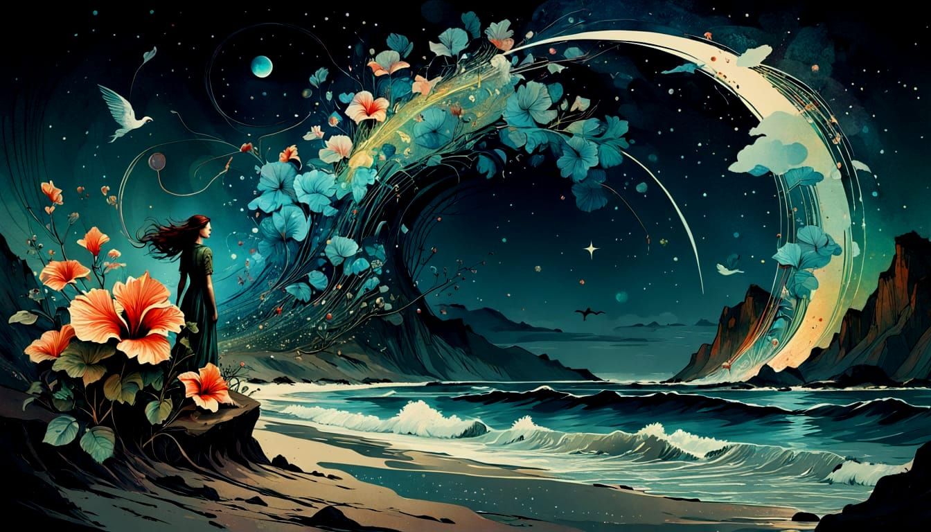 Surreal Angel on Twilight Beach with Cosmic Flowers