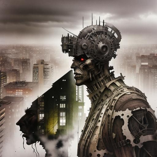 Surreal Double Exposure: Monster in Dystopian Cityscape