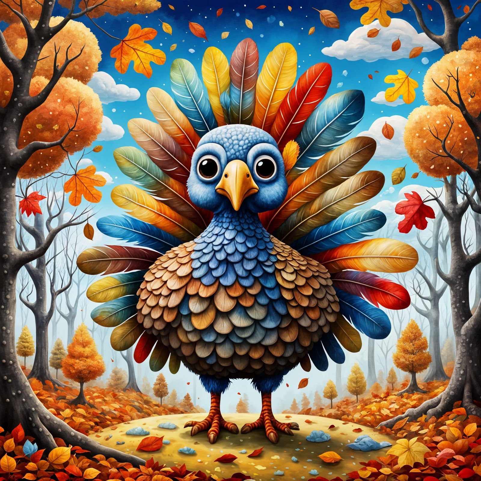 Chibi Turkey in Autumn Forest: Pop Surrealist Painting