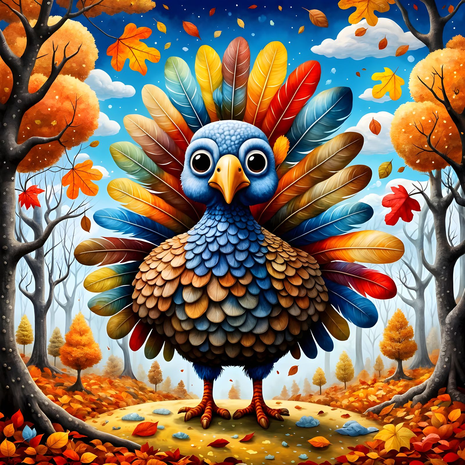 Chibi Turkey in Autumn Forest: Pop Surrealist Painting
