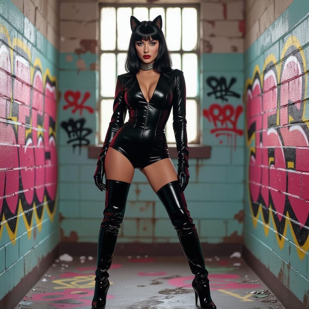 Bettie Page Dominatrix in Prison Cell, Street Art Style