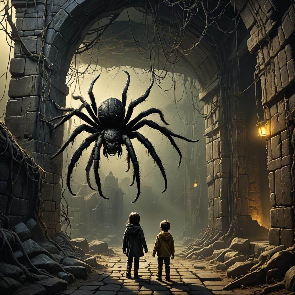 Giant Tarantula Overtakes Child in Dark Fantasy Art