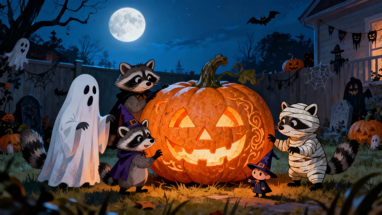 Mischievous Raccoons in Halloween Costumes