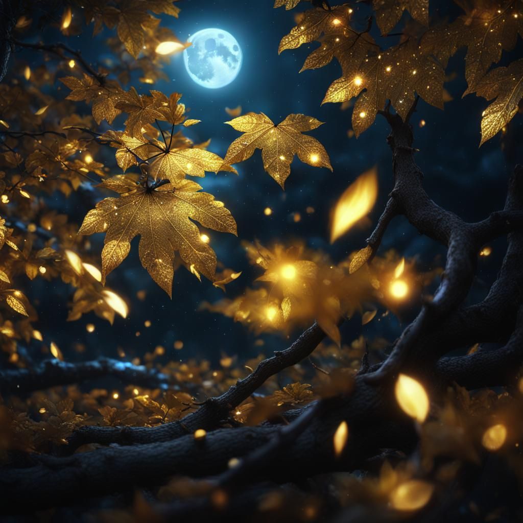 Sparkling Golden Leaf Tree at Moonlit Night
