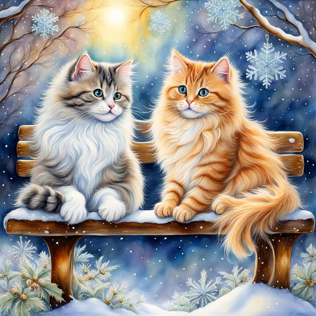 Cats Playfully Catch Snowflakes in Watercolor Painting
