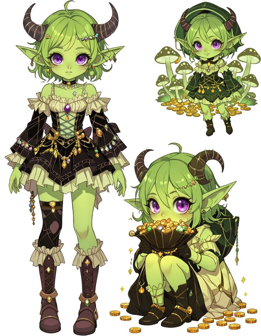Undead Kawaii Goblin Girl With Treasure, Anime Style