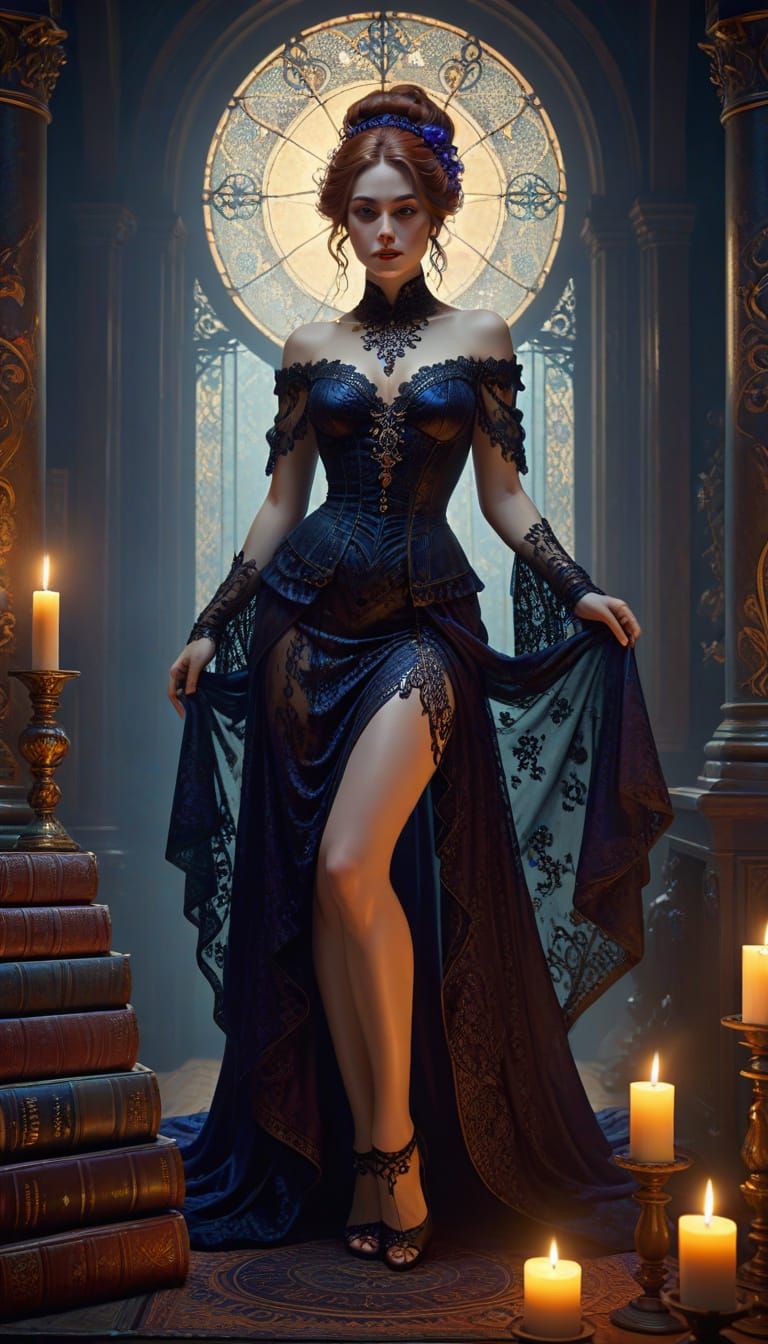 Mysterious Woman in Lace Dress, Art Nouveau Portrait