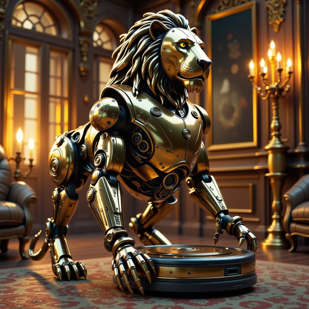 Lion Robot Vacuum in Opulent Room at Twilight