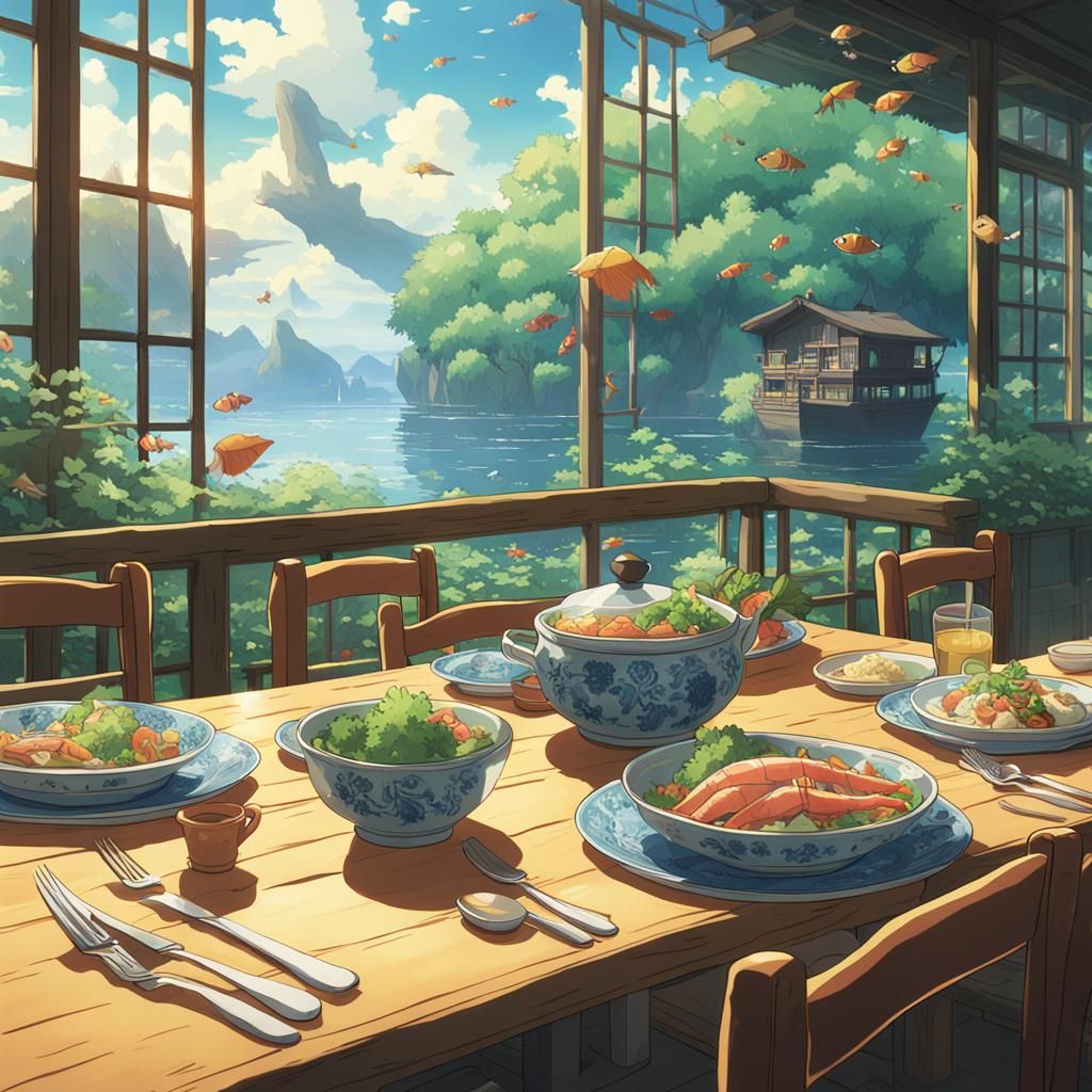 Festival Fish on Dining Table: Studio Ghibli Style