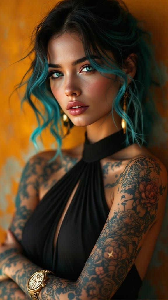 Modern Warrior Goddess with Intricate Tattoos and Elegant St...