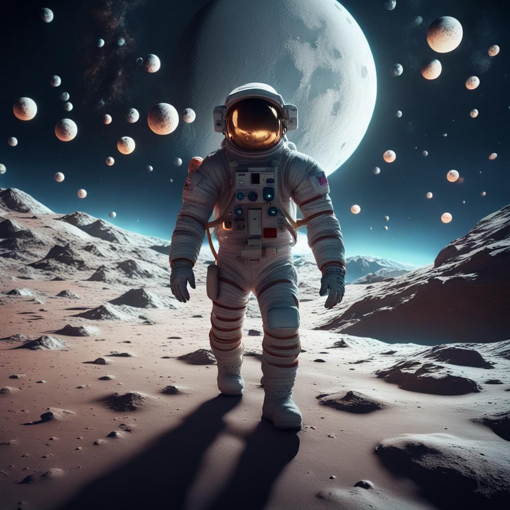 Astronaut on Moon with Many Moons