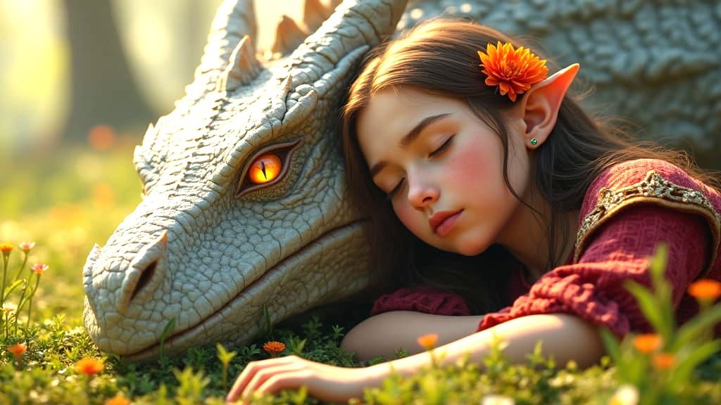 Ethereal Elf Maiden Slumbers Beside Majestic Gray Dragon