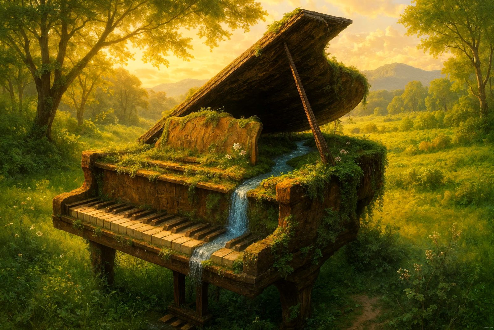 Nature's Symphony: Piano Merged with Landscape