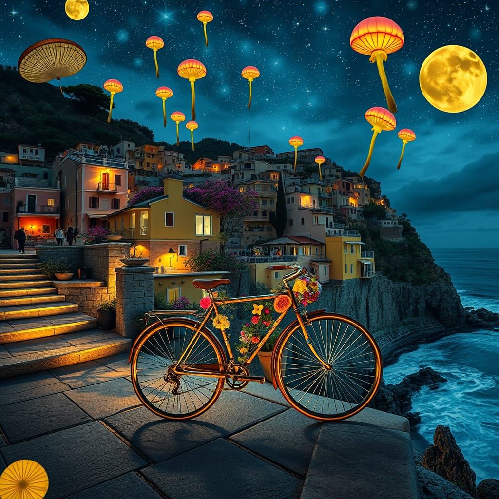 Psychedelic Ostrich Rides Bicycle in Surreal Landscape of Po...