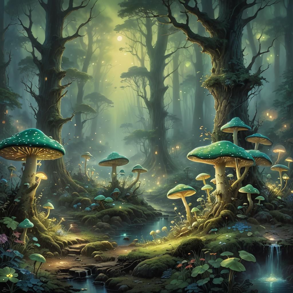 Glowing Mushrooms in Ethereal Forest at Night